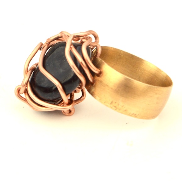 Custom Natural Black Onyx Brass Copper Ring Size - Picture 3 of 4
